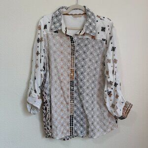 Soft Surroundings Mixed Embroidered Print Cotton Gauze Button Front Shirt XL